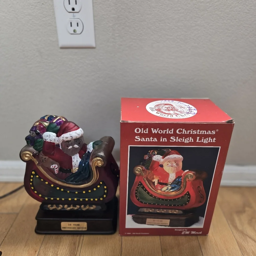 EM Merck Vintage Light Up Santa In Sleigh Old World Christmas 10th Anniversary